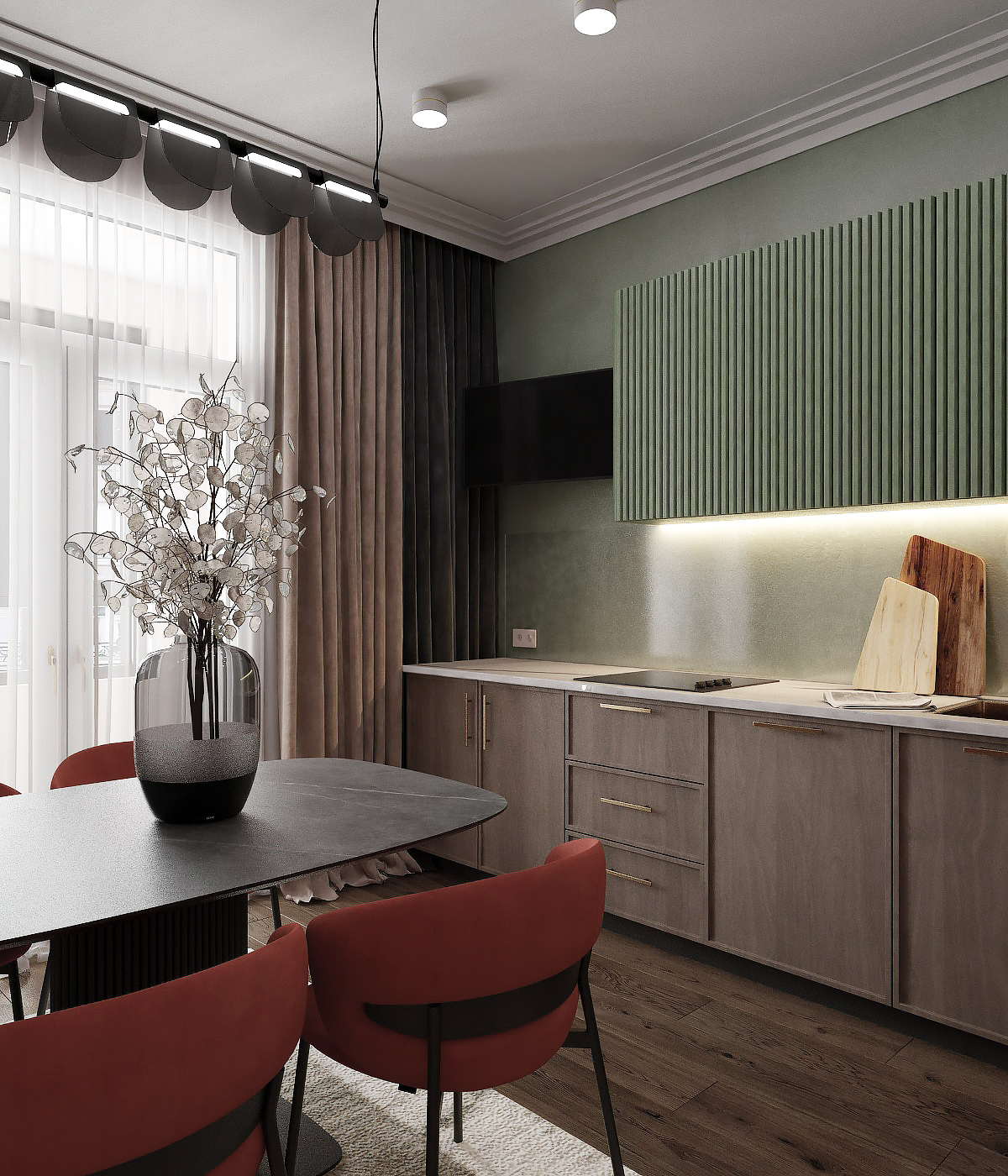 Современная кухня-гостиная с панорамным остеклением